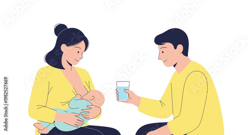 Caring husband bringing water to his wife breastfeeding their newborn baby.