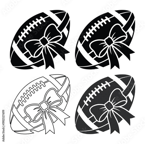 American football with bow vector set, feminine sports ball silhouette icons, black and white football mom graphics for apparel design