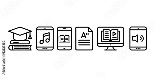 Graduation cap on books smartphones with music note open book document with letter A computer screen with open book and play button and smartphone with speaker