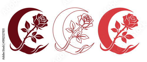Mystical rose and crescent moon vector set, celestial floral icons in burgundy and red, elegant botanical moon silhouettes for occult branding