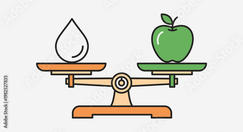 Illustration of a water drop and a green apple balanced on a scale.