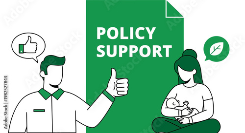 Illustration of a man giving a thumbs up next to a mother holding her baby representing policy support.