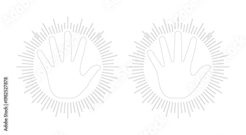 Minimalist hand outline with sunburst aura, spiritual energy palm vector icons, mystical healing hand symbols for holistic wellness branding