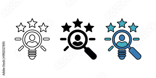 Lightbulb magnifying glass with stars in black and blue in white background