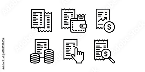 Set of six black and white line depicting financial transactions and record keeping receipt in white background