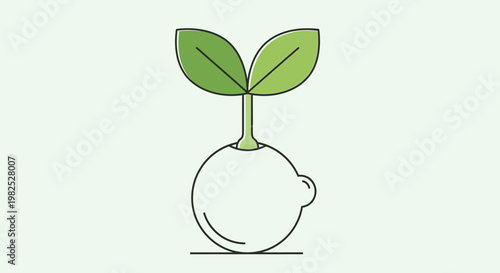 Minimalist Illustration of a Small Plant Sprouting from a Circular Fruit.