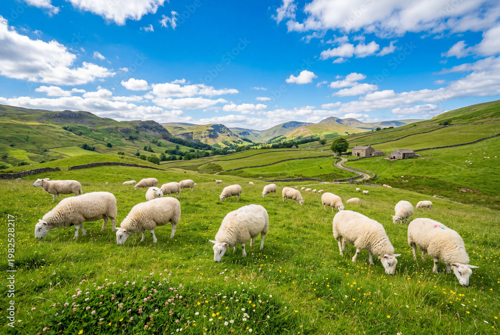 Obraz premium Flock of sheep grazing peacefully on a vibrant green hillside under a bright summer sky