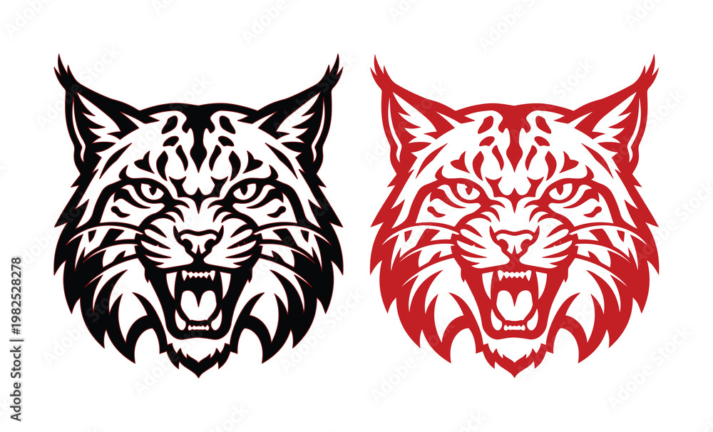 Fototapeta premium Bobcat mascot head vector set, aggressive lynx face illustration in black and red, wild cat sports logo icons for team branding and apparel