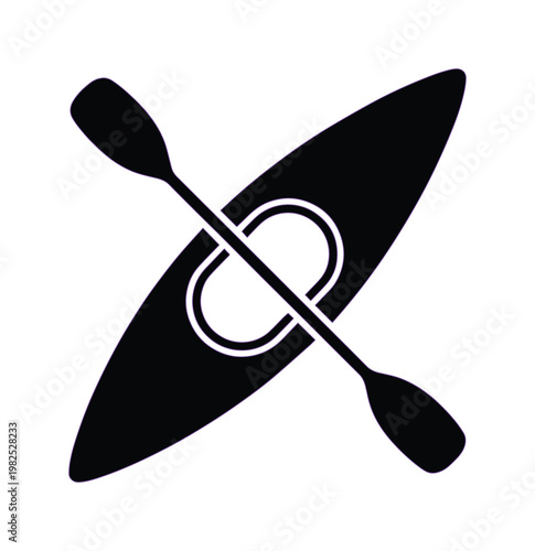 Kayak and paddle vector icon, black silhouette of a rowing boat for water sports, minimalist outdoor adventure symbol for camping and lake recreation
