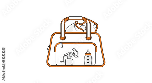 Diaper bag with breast pump and baby bottle illustration.
