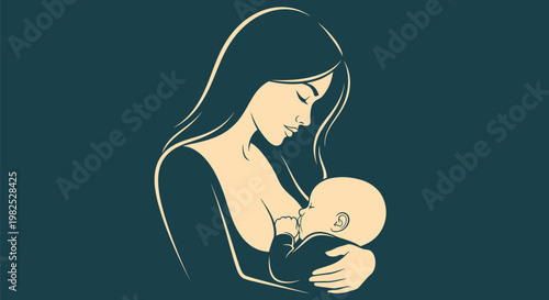 Mother tenderly breastfeeding newborn infant illustration.