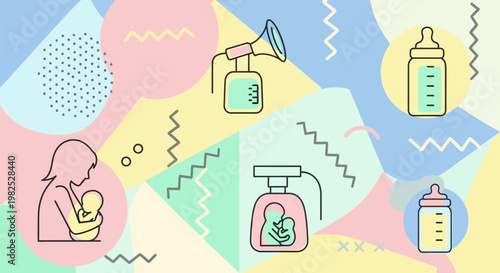 Breastfeeding and baby feeding line icons set.