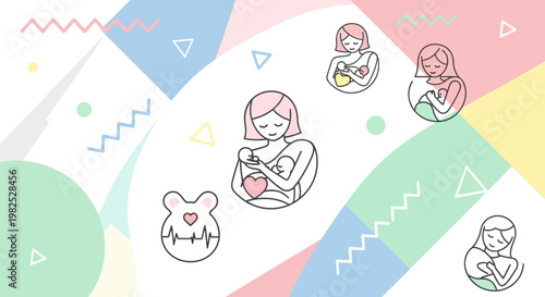 Gentle line art mother nursing baby.