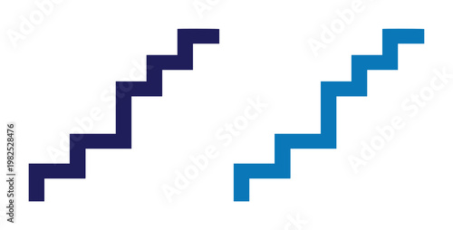 Minimalist staircase icons in blue and navy, geometric stair step symbols for business growth, flat vector ladder graphics for progress and success