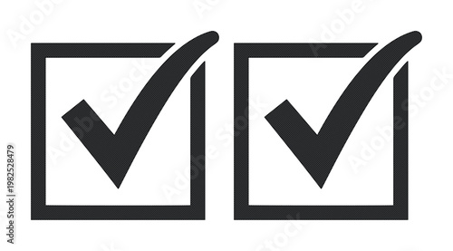 Minimalist check mark icons in square boxes, black tick symbols for survey and checklist completion, flat vector set for business tasks