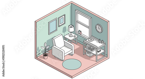 Isometric pastel home office interior illustration with desk and chair.