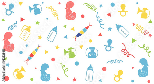 Colorful baby shower pattern with bottles pacifiers and confetti.