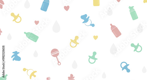 Pastel baby icons seamless pattern with pacifiers bottles and rattles.