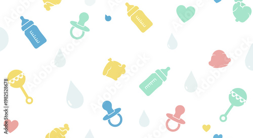 Pastel baby icons pattern with bottles pacifiers and rattles.