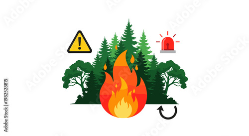 Vibrant flames erupt amidst verdant trees, accompanied by a warning sign and emergency siren, conveying a forest fire disaster concept, rendered in a clean, scalable vector