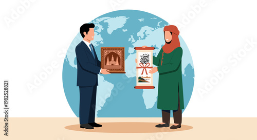 A global exchange depicted through a flat vector illustration, showcasing a businessman in a suit and a woman in traditional attire, exchanging cultural artifacts against a
