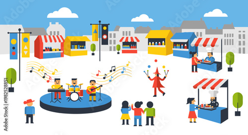 Vibrant festival scene displays musicians performing on stage, food stalls, and a juggler, all presented in a flat, colorful style with clean lines, perfect for commercial