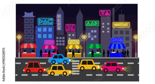 Vibrant city night scene featuring colorful neon signs, bustling market stalls, and cars driving on a road, all rendered in a flat vector illustration style with clean lines and a