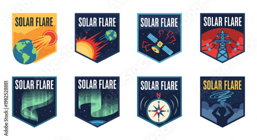 Set of eight vector illustrations depicting solar flares, aurora borealis, satellite, power grid, compass, and tornado, showcasing dynamic energy and celestial events with vibrant