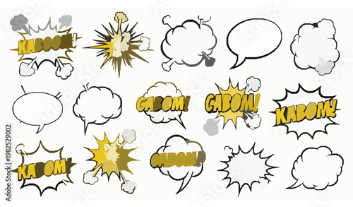 Comic speech bubbles collection with kaboom pop and surprise effects black yellow doodle vector set