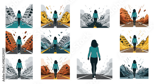 A solitary figure strides confidently down a cracked road, amidst crumbling buildings and falling debris, rendered in striking teal, orange, and gray tones, conveying resilience