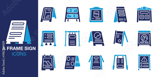 A Frame Sign icon set. Containing frame, sign, board, display, advertising and more. Solid vector icons collection. Vector illustration.