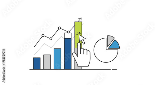 A clean, modern graphic showing business data visualization with a hand cursor interacting with a rising bar chart, complemented by a pie chart, all rendered in a minimalist style