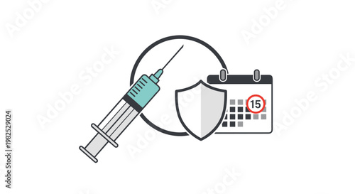 Medical syringe injecting into a shield, with calendar indicating a date, symbolizing vaccination schedule and healthcare protection, rendered in a clean, minimalist style with