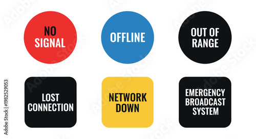 Vibrant and bold communication status icons, featuring red, blue, yellow, and black circles and squares, conveying messages of no signal, offline status, out of range, lost