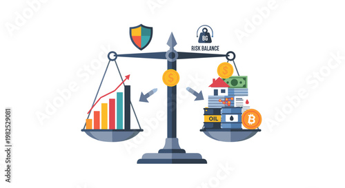 Financial equilibrium depicted with a balanced scale, showcasing risk assessment and investment strategies, featuring colorful bar graphs, currency, real estate, and oil barrels,