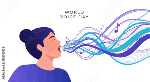 Speaking illustration shows a person with vocal expression emanating wavy lines with musical notes against a clean white backdrop in observance of World Voice Day, promoting vocal health
