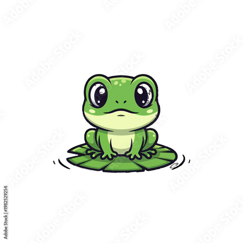A cartoon green frog sitting on lily pad.