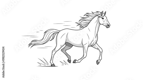 A black and white line drawing of a horse running with motion lines against a clean white background.
