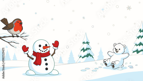 A cheerful snowman with a red scarf and mittens stands next to a playful polar bear in a snowy landscape with pine trees and a perched robin, conveying a joyful winter scene.