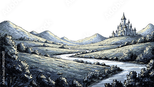 Illustration of a castle on a hill overlooking a winding river in a mountainous landscape with a moody atmosphere.