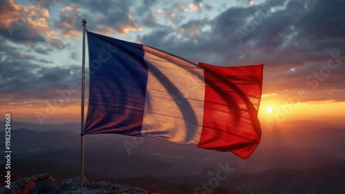 Dramatic French Flag at Sunset Representing Freedom and Independence Spirit