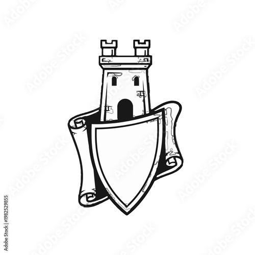 Medieval castle tower with shield and banner.