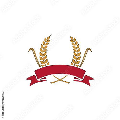 Wheat stalks with red banner logo.