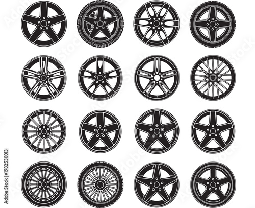 Wheel rim icons set with black and white circular designs and detailed spoke patterns for vehicle graphics