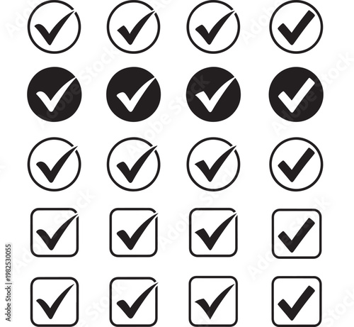 Checkmark icons set with black and white circular and square styles for confirmation and approval featuring success, verified, validated with tick