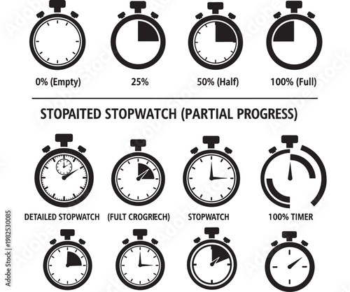 Stopwatch progress icons set showing 0%, 25%, 50%, and 100% full timing with timer segments featuring time tracking, countdown, percentage with empty