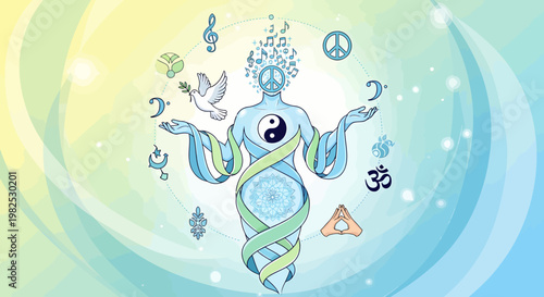 Woman meditates with spiritual symbols around.