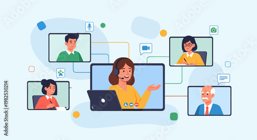 Woman presenting to people online.