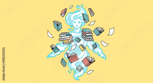 Woman Surrounded by Floating Books.