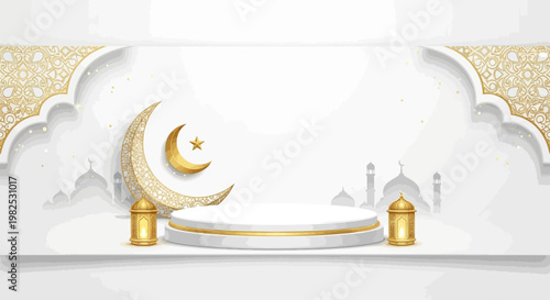 A minimalist golden crescent moon and star sit on a white platform with golden trim, flanked by lamps, against a backdrop of ornate archways and mosque silhouettes in a bright, festive